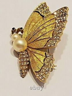 Vintage Rare Signed, Ciner Butterfly Brooch Rhinestones Open Work, Faux Pearls