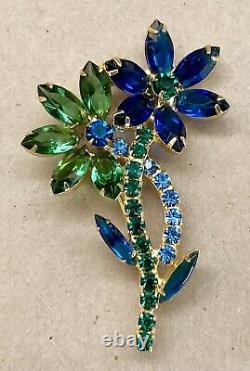 Vintage Rare & Unique Rhinestone Brooch Unsigned Flowers Blue Green 3 Lg Pin