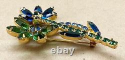 Vintage Rare & Unique Rhinestone Brooch Unsigned Flowers Blue Green 3 Lg Pin