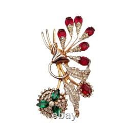 Vintage Red & Clear Rhinestone Rose Floral Brooch Pin Green Flower