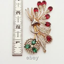 Vintage Red & Clear Rhinestone Rose Floral Brooch Pin Green Flower