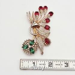 Vintage Red & Clear Rhinestone Rose Floral Brooch Pin Green Flower