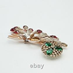 Vintage Red & Clear Rhinestone Rose Floral Brooch Pin Green Flower