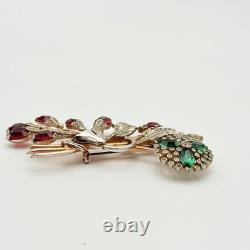Vintage Red & Clear Rhinestone Rose Floral Brooch Pin Green Flower
