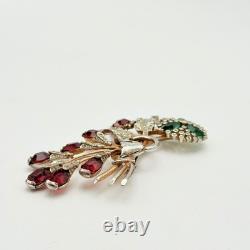 Vintage Red & Clear Rhinestone Rose Floral Brooch Pin Green Flower