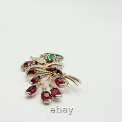Vintage Red & Clear Rhinestone Rose Floral Brooch Pin Green Flower