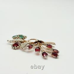 Vintage Red & Clear Rhinestone Rose Floral Brooch Pin Green Flower