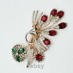 Vintage Red & Clear Rhinestone Rose Floral Brooch Pin Green Flower