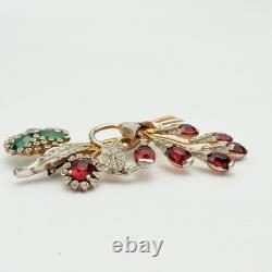 Vintage Red & Clear Rhinestone Rose Floral Brooch Pin Green Flower