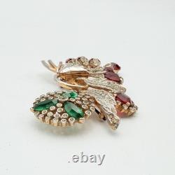 Vintage Red & Clear Rhinestone Rose Floral Brooch Pin Green Flower
