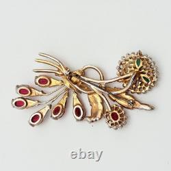 Vintage Red & Clear Rhinestone Rose Floral Brooch Pin Green Flower