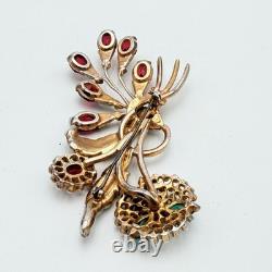 Vintage Red & Clear Rhinestone Rose Floral Brooch Pin Green Flower