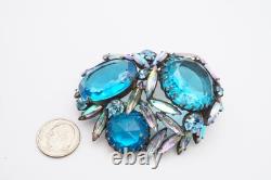 Vintage Regency Brooch Pin Silver Tone Blue Rhinestone Large