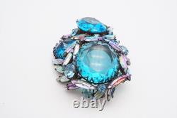 Vintage Regency Brooch Pin Silver Tone Blue Rhinestone Large