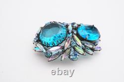 Vintage Regency Brooch Pin Silver Tone Blue Rhinestone Large