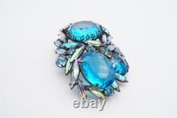 Vintage Regency Brooch Pin Silver Tone Blue Rhinestone Large