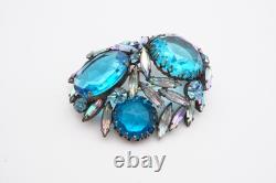 Vintage Regency Brooch Pin Silver Tone Blue Rhinestone Large
