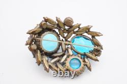 Vintage Regency Brooch Pin Silver Tone Blue Rhinestone Large