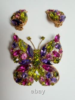 Vintage Regency Butterfly Brooch Earrings Set Multicolor Rhinestone Gold Tone