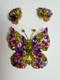 Vintage Regency Butterfly Brooch Earrings Set Multicolor Rhinestone Gold Tone