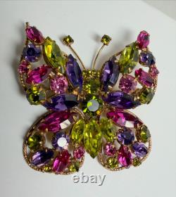 Vintage Regency Butterfly Brooch Earrings Set Multicolor Rhinestone Gold Tone