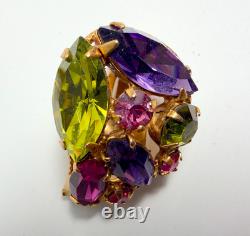 Vintage Regency Butterfly Brooch Earrings Set Multicolor Rhinestone Gold Tone