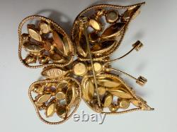 Vintage Regency Butterfly Brooch Earrings Set Multicolor Rhinestone Gold Tone