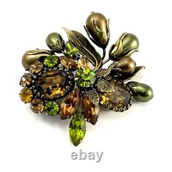 Vintage Regency Floral Rhinestone Brooch Brass Tone Green and Brown Cluster