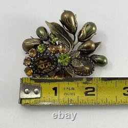 Vintage Regency Floral Rhinestone Brooch Brass Tone Green and Brown Cluster