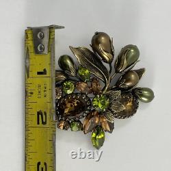 Vintage Regency Floral Rhinestone Brooch Brass Tone Green and Brown Cluster