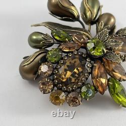 Vintage Regency Floral Rhinestone Brooch Brass Tone Green and Brown Cluster