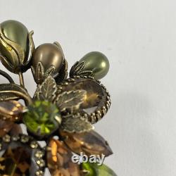 Vintage Regency Floral Rhinestone Brooch Brass Tone Green and Brown Cluster