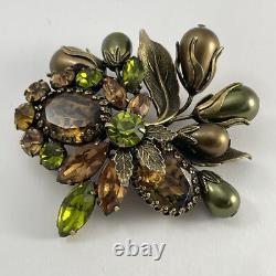 Vintage Regency Floral Rhinestone Brooch Brass Tone Green and Brown Cluster