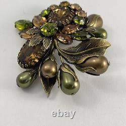 Vintage Regency Floral Rhinestone Brooch Brass Tone Green and Brown Cluster