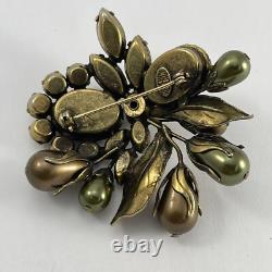 Vintage Regency Floral Rhinestone Brooch Brass Tone Green and Brown Cluster