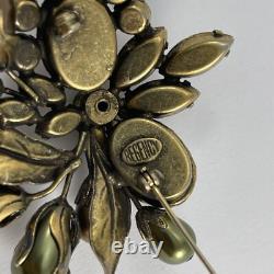 Vintage Regency Floral Rhinestone Brooch Brass Tone Green and Brown Cluster