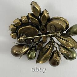 Vintage Regency Floral Rhinestone Brooch Brass Tone Green and Brown Cluster