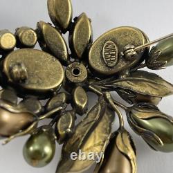 Vintage Regency Floral Rhinestone Brooch Brass Tone Green and Brown Cluster