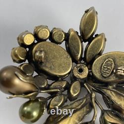 Vintage Regency Floral Rhinestone Brooch Brass Tone Green and Brown Cluster