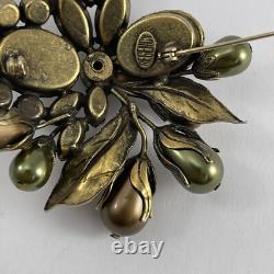 Vintage Regency Floral Rhinestone Brooch Brass Tone Green and Brown Cluster