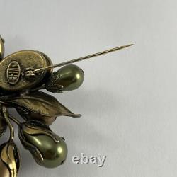 Vintage Regency Floral Rhinestone Brooch Brass Tone Green and Brown Cluster