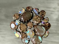 Vintage Regency Saphiret Cabochon Jewel Glass Topaz Ab Rhinestones Brooch Pin