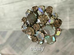 Vintage Regency Saphiret Cabochon Jewel Glass Topaz Ab Rhinestones Brooch Pin