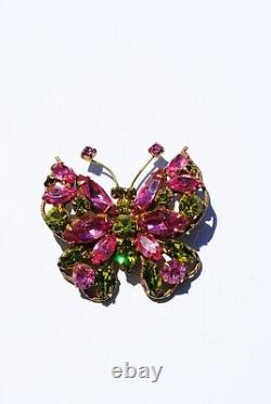 Vintage Regency Signed Gilt Pink Green Rhinestone Butterfly Brooch. Beautiful
