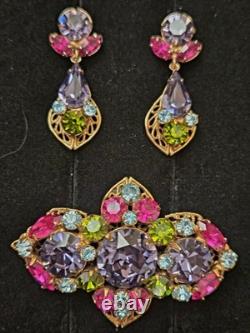 Vintage Regency Signed Multi Colrd Rhinestone Filigree Brooch And Earrings