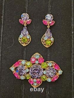 Vintage Regency Signed Multi Colrd Rhinestone Filigree Brooch And Earrings
