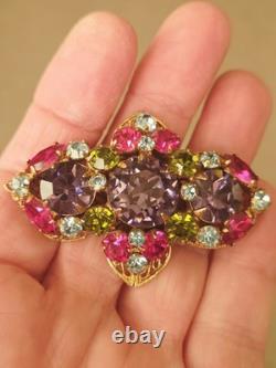Vintage Regency Signed Multi Colrd Rhinestone Filigree Brooch And Earrings