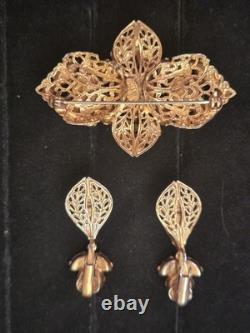 Vintage Regency Signed Multi Colrd Rhinestone Filigree Brooch And Earrings