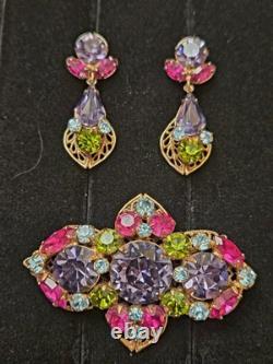 Vintage Regency Signed Multi Colrd Rhinestone Filigree Brooch And Earrings