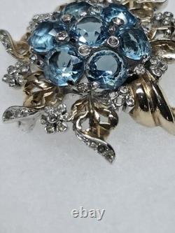Vintage Reja Blue Clear Rhinestone Flower Cornucopia Brooch